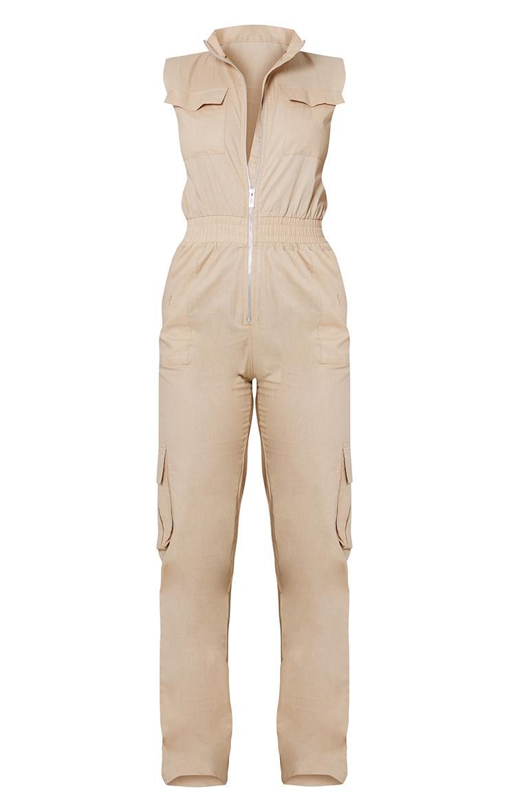 Stone High Neck Sleeveless Pocket Detail Utility Jumpsuit Product Image