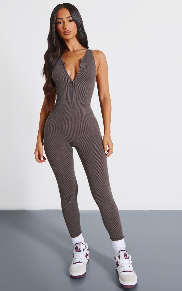 Petite Chocolate Faded Snatched Rib Sleeveless Zip Detail Jumpsuit Product Image