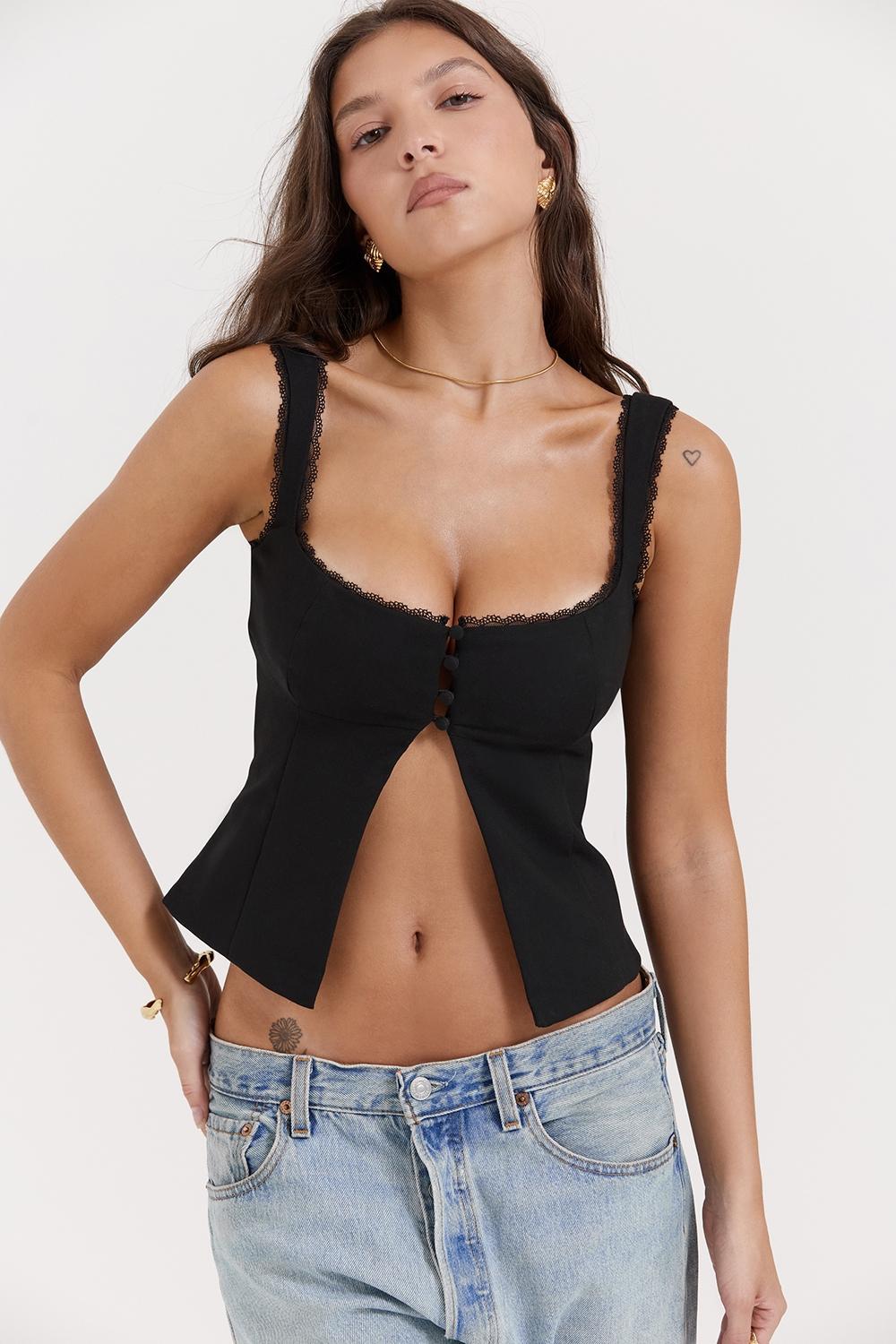 Noura Black Lace Trim Top Product Image