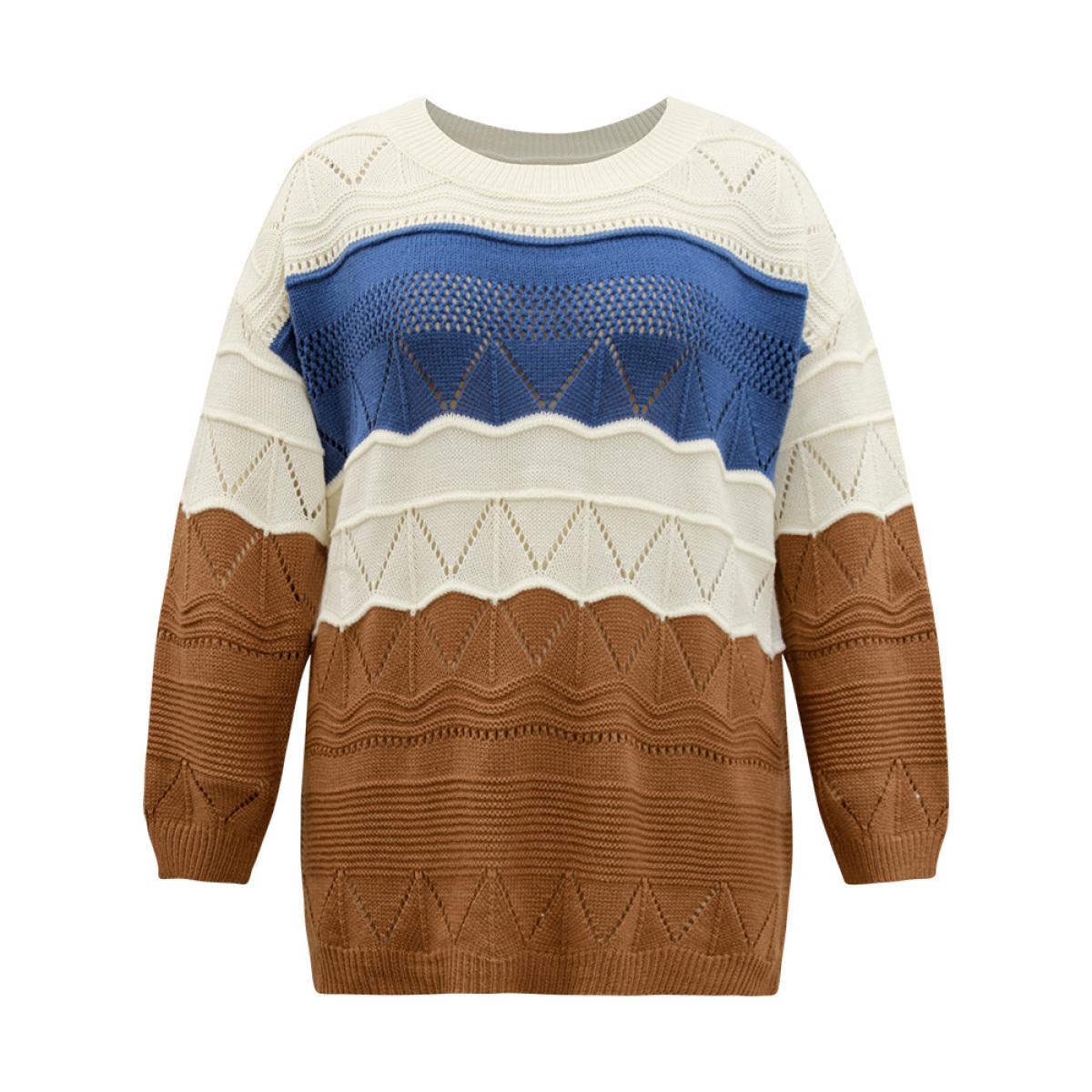 Plus Size Contrast Eyelet Patchwork Elastic Cuffs Pullover Multicolor Women Casual Loose Long Sleeve Round Neck Dailywear Pullovers BloomChic 28/5X Product Image