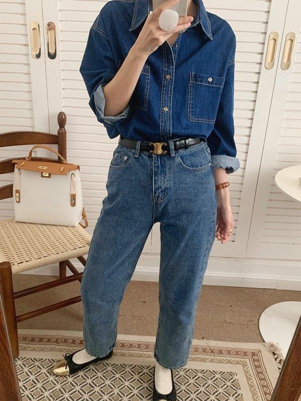 Button Down Denim Long Sleeve Blouse Product Image