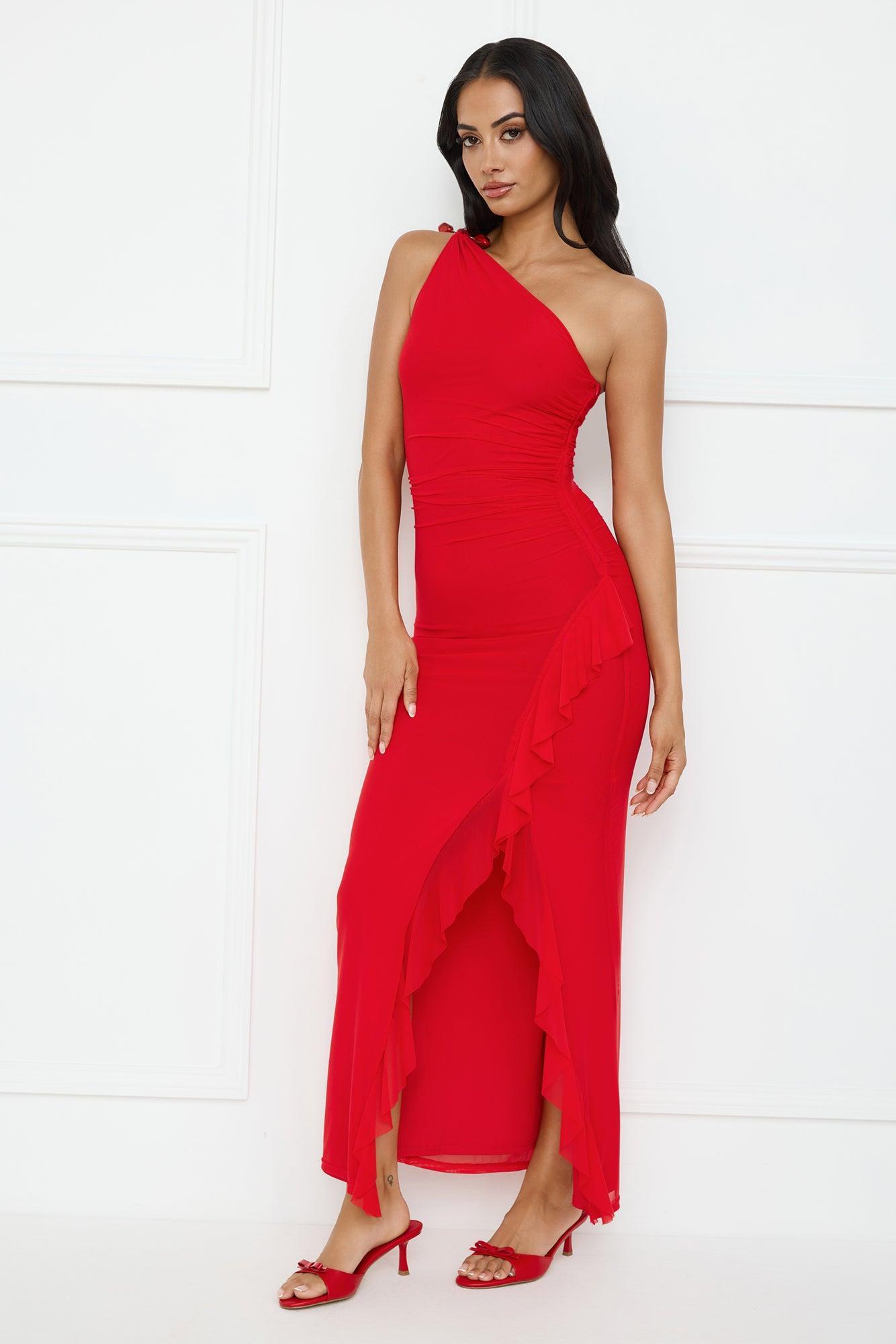 Neon Nectar One Shoulder Mesh Maxi Dress Red Product Image