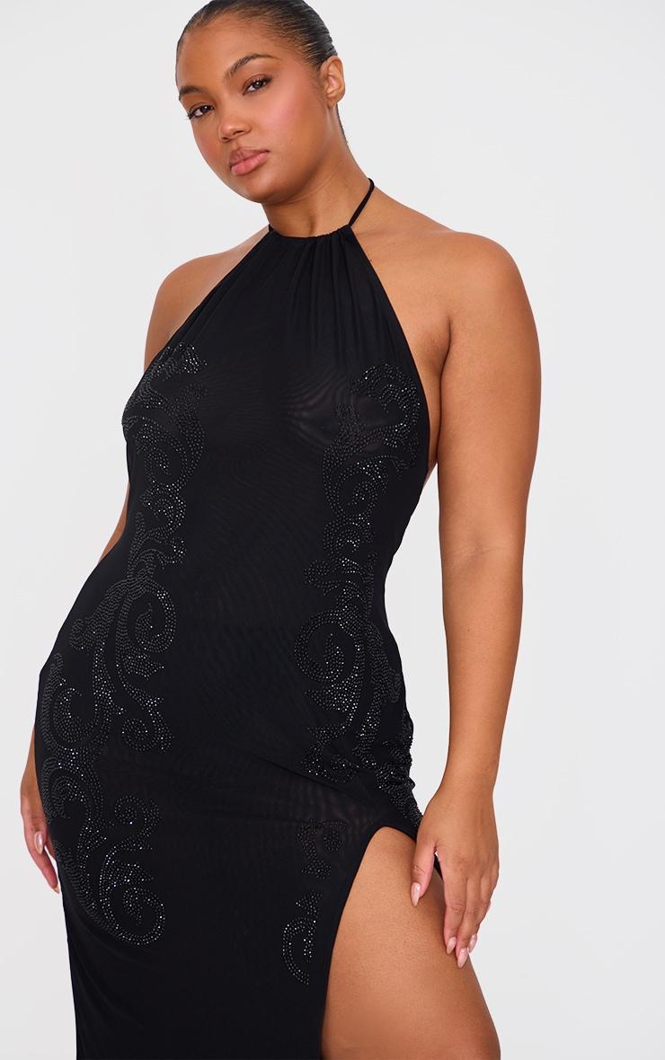 Plus Black Lined Mesh Diamante Detail Split Maxi Dress Product Image