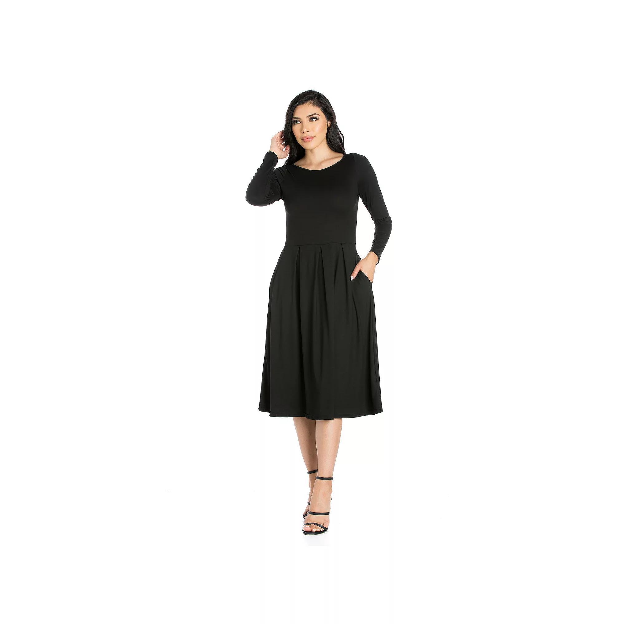 Women's 24Seven Comfort Apparel Long Sleeve Fit & Flare Dress with Pockets,  Product Image