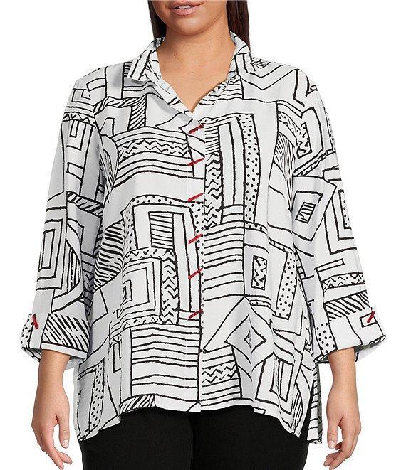 Ali Miles Plus Size Printed Woven Wire Collar 3/4 Sleeve Button-Front Blouse Product Image