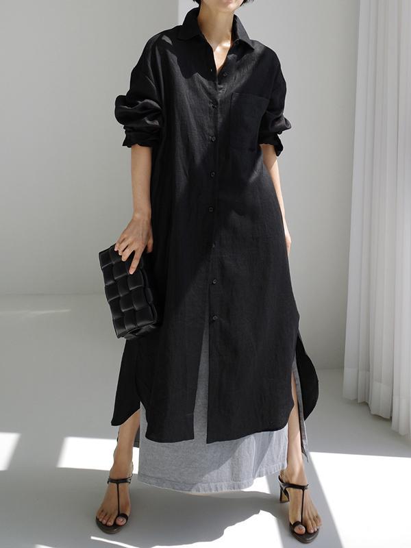 Simple Long Sleeves Split-Side Solid Color Lapel Midi Dresses Shirt Dress Product Image