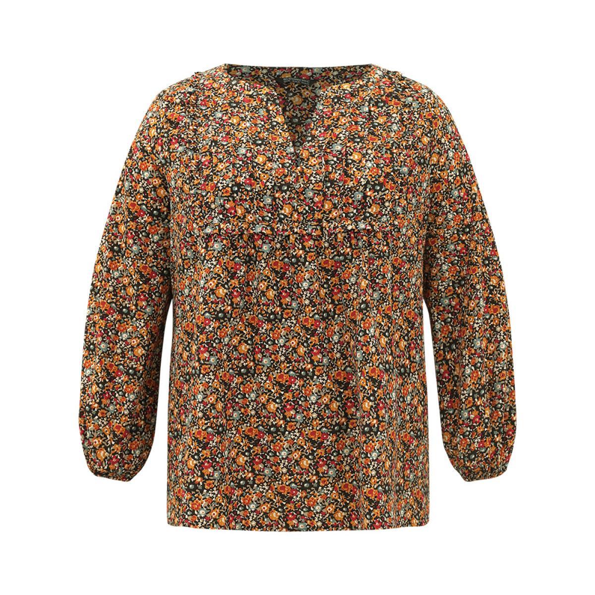 Plus Size Multicolor Ditsy Floral Notched Frill Trim Blouse Women Elegant Long Sleeve Notched collar Dailywear Blouses BloomChic 22-24/3X Product Image