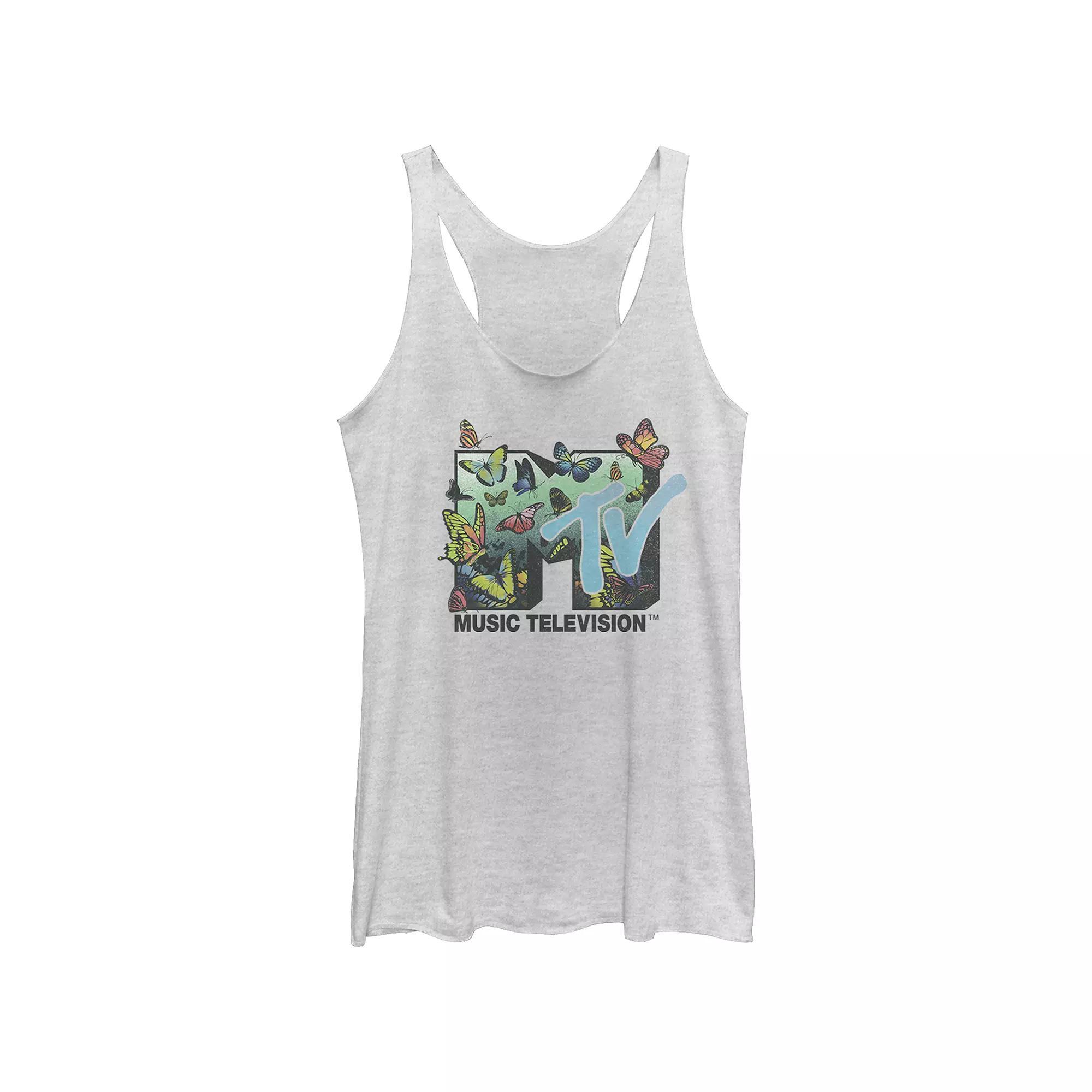 Juniors' MTV Butterflies Logo Racerback Tank Top, Girl's, Size: XS, White Grey Product Image