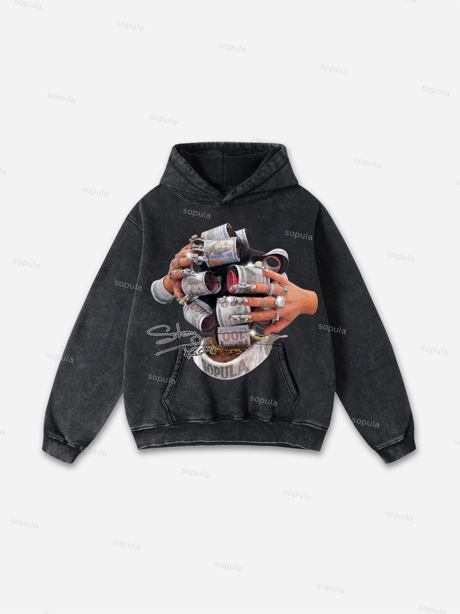 Stay Rich In Street Culture Portrait Graphic Acid Wash Hoodie Product Image
