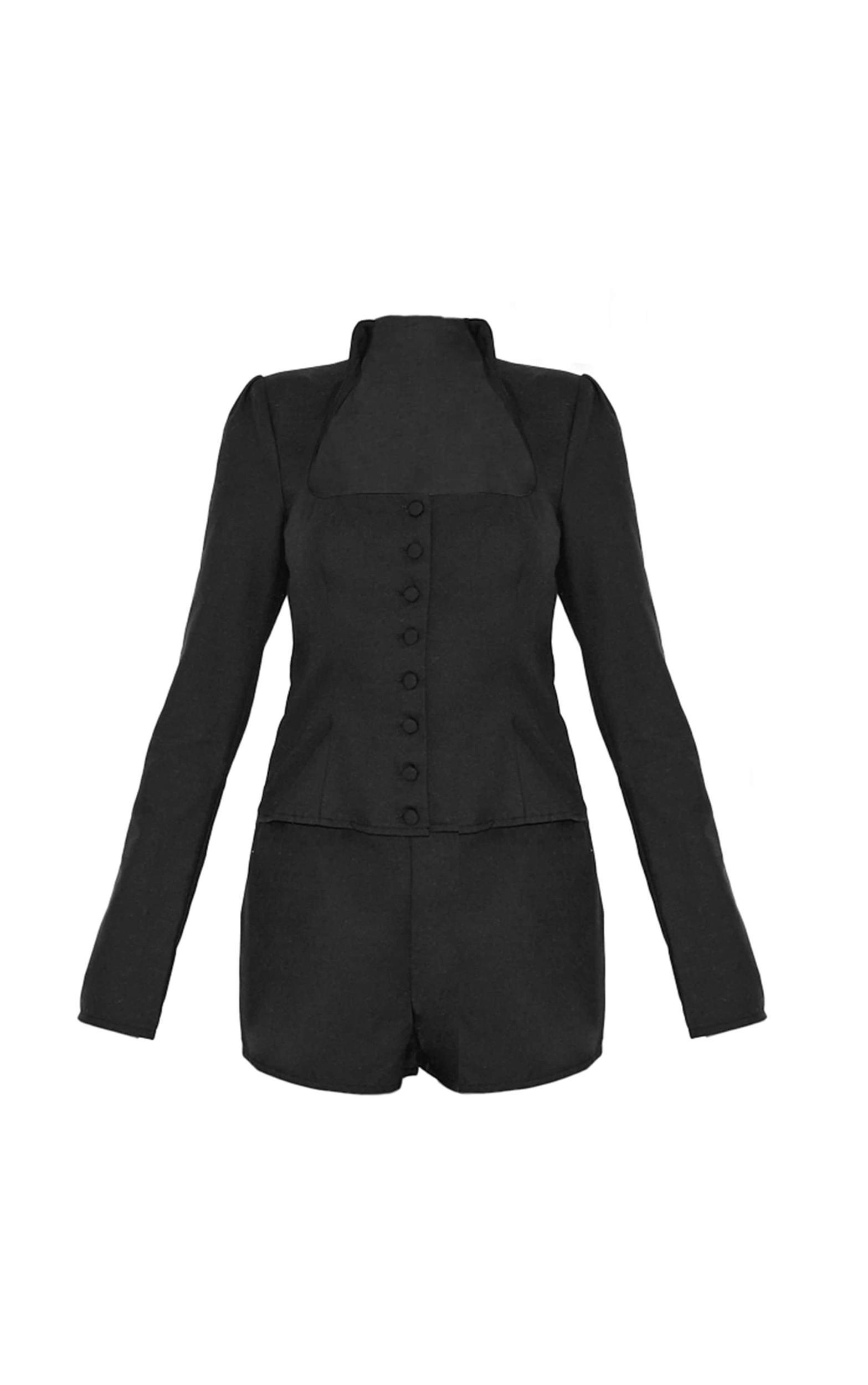  Black Woven Scoop Neck Button Detail Romper Product Image