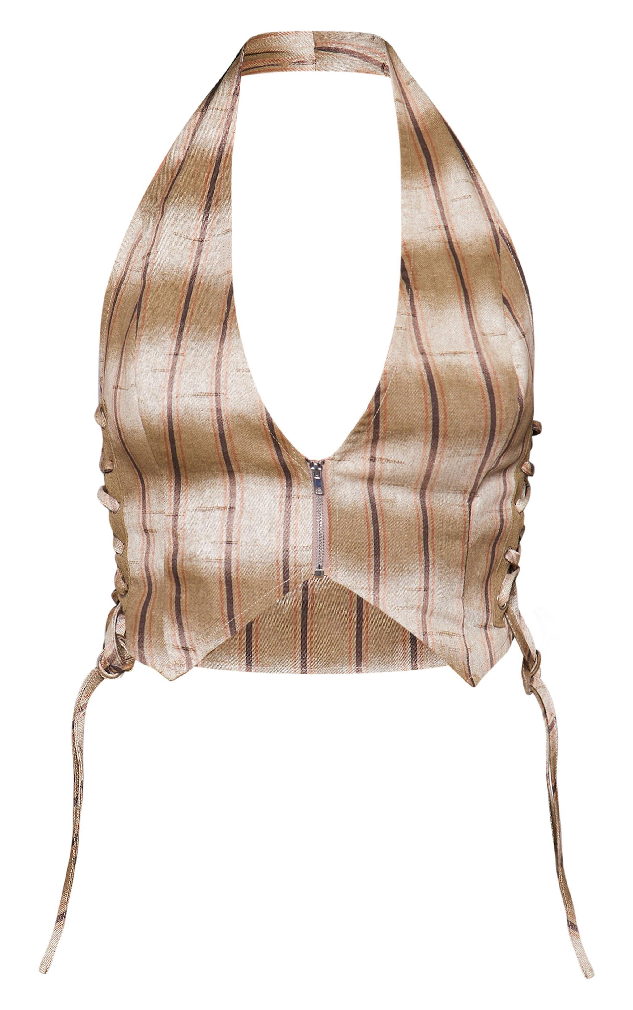 Brown Stripe Print Twill Halter Lace Up Top Product Image