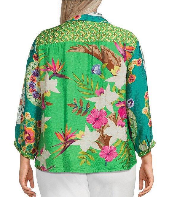 John Mark Plus Size Woven Printed Point Collar 3/4 Sleeve Tie-Front Shirt Product Image