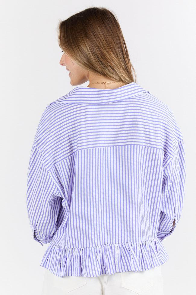 In Depth Blue Ruffle Hem Textured Stripe Button Down Top SALE Product Image
