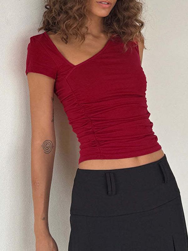 Irregular Slanted Shoulder Ruched Short Sleeve Tee Product Image