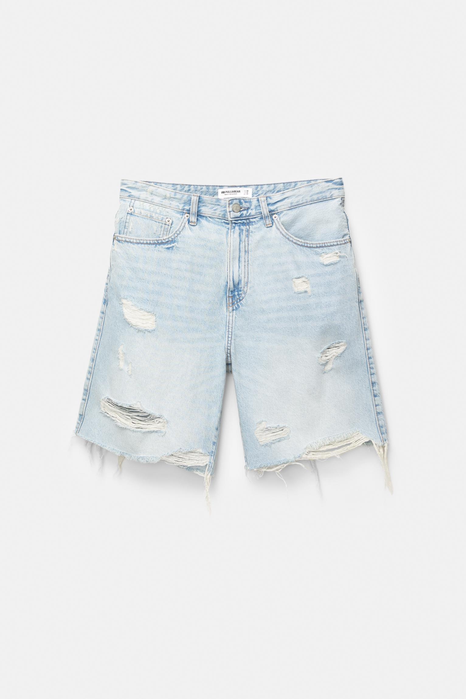 Ripped straight fit denim Bermuda shorts Product Image