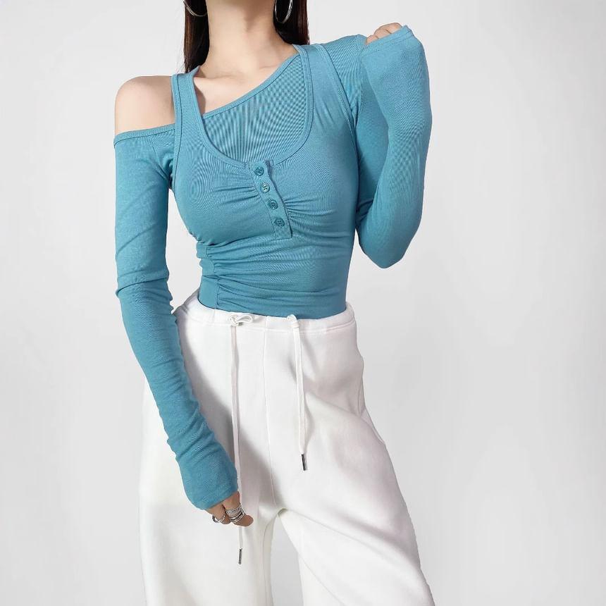 Set: Long-Sleeve One-Shoulder Plain Tee + Henley Ruched Tank Top Product Image