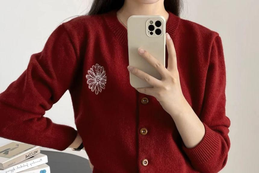 Crew Neck Floral Embroidered Button-Up Cardigan Product Image