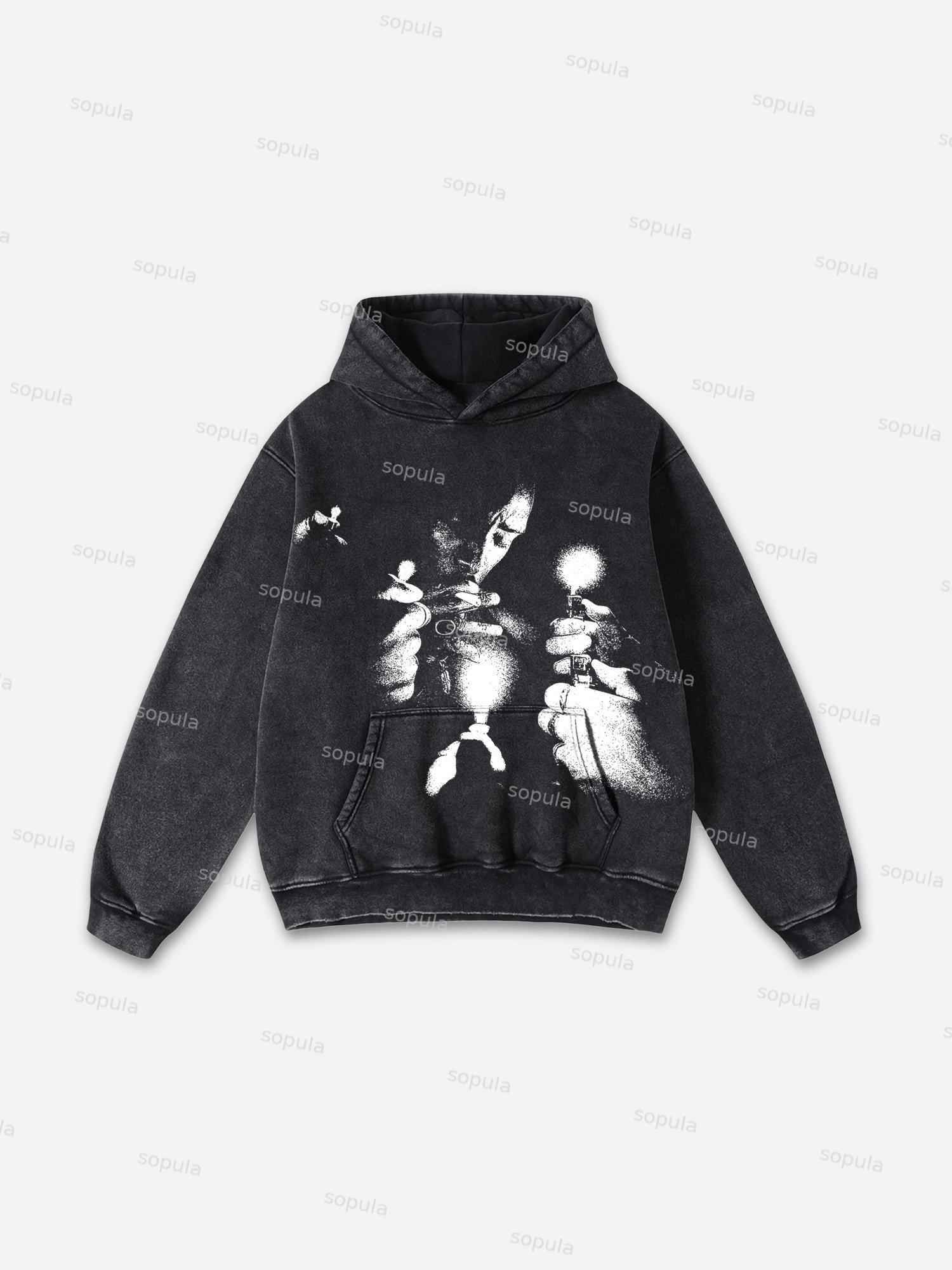 Sopula Vintage Street Portrait Graphic Print Washed Hoodie Product Image