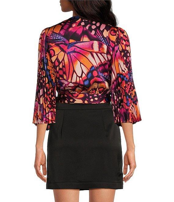 Skies Are Blue Butterfly Print V-Neck 3/4 Sleeve Front Tie Pleated Top Product Image