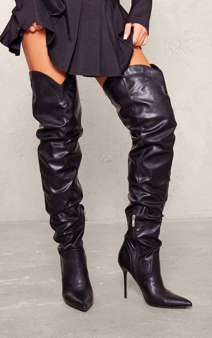 Black PU Point Toe Western Style High Heeled Over The Knee Boots Product Image