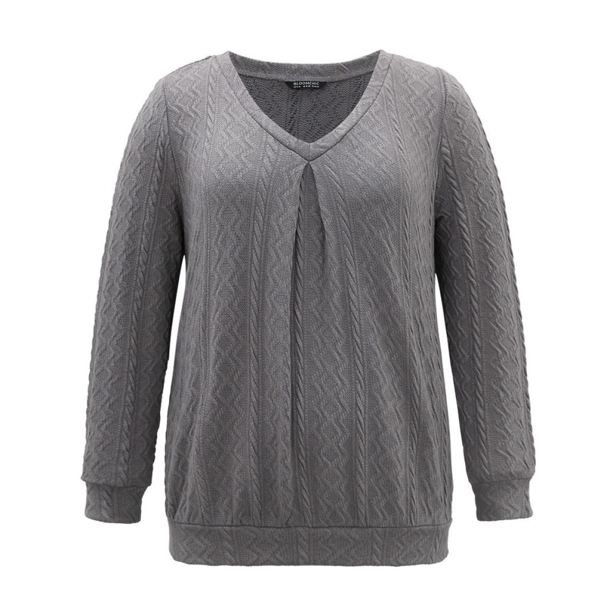 Plus Size Plain Geometric Textured Plicated Detail Sweatshirt Women Gray Casual Texture V-neck Dailywear Sweatshirts BloomChic 12/L Product Image