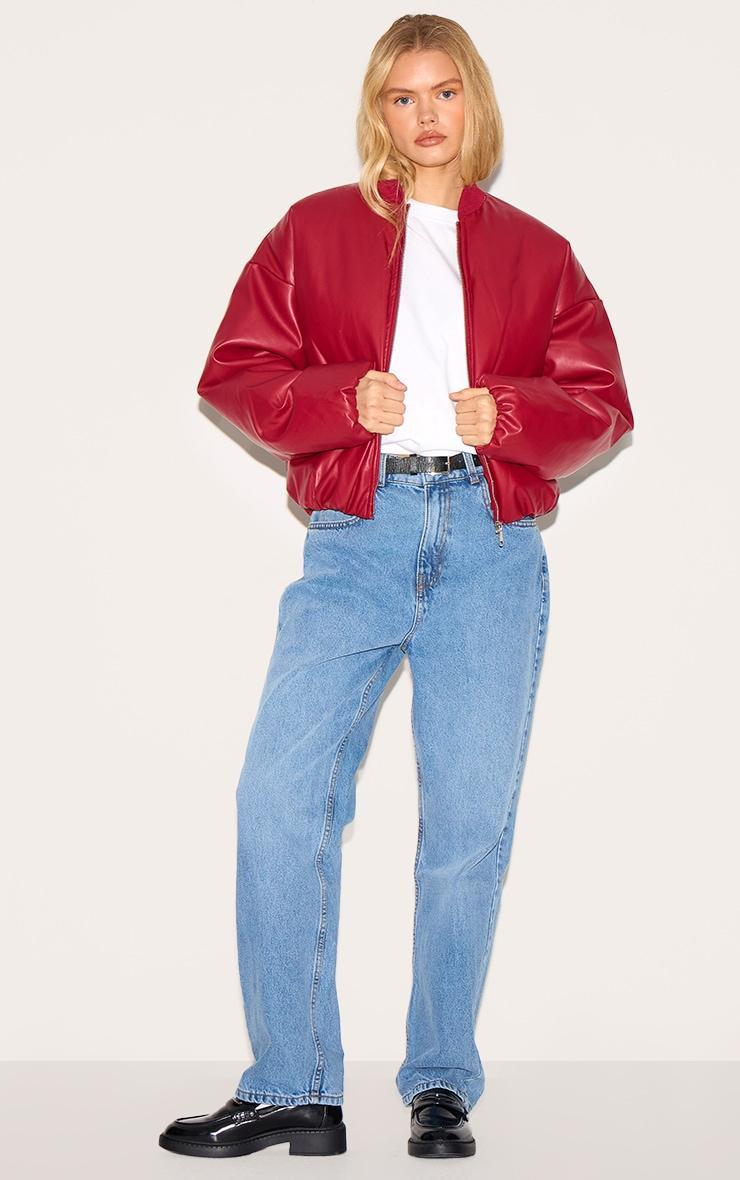 Cherry Red Faux Leather Oversized Bomber Jacket Product Image