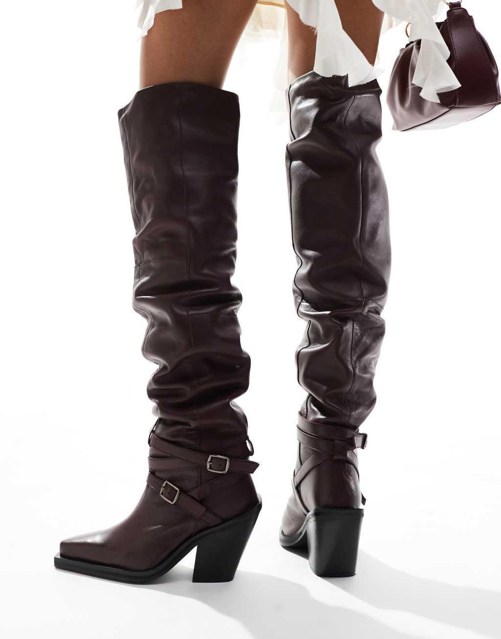 ASOS DESIGN Kingfisher leather ruched over the knee boots with buckles in burgundy Product Image