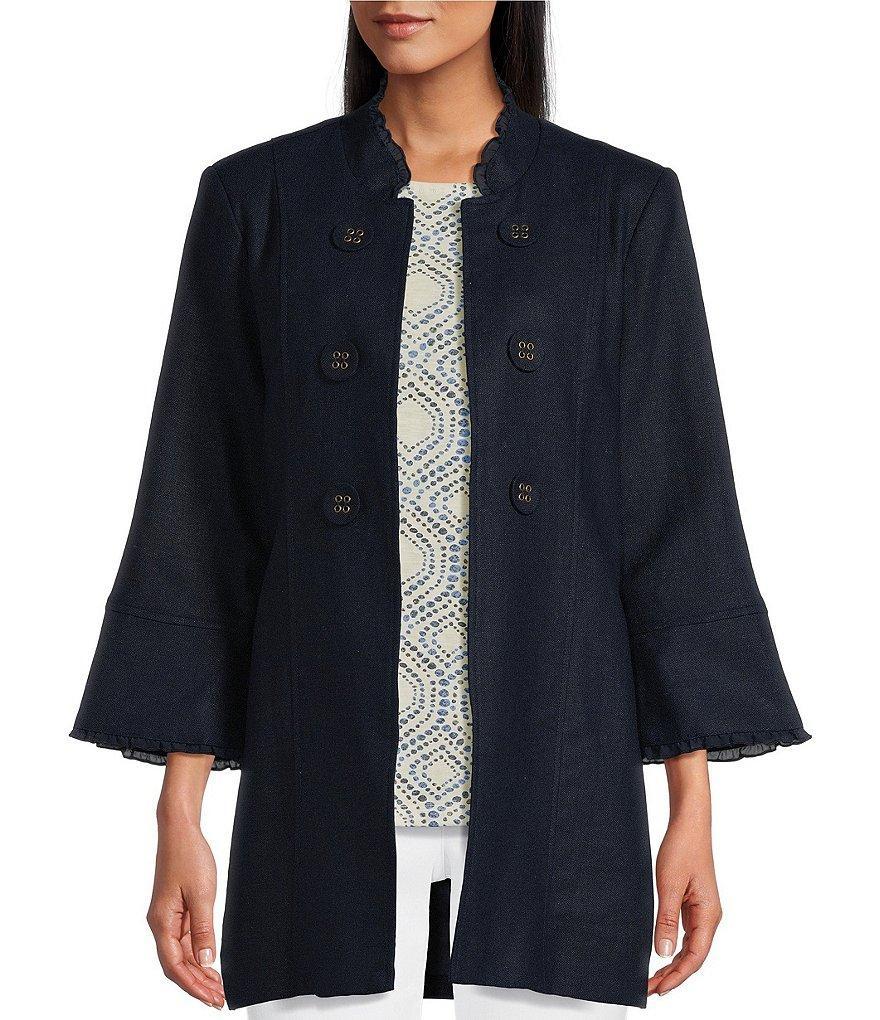 Multiples Linen-Blend Stand Collar 3/4 Flounce Sleeve Open Front Jacket Product Image
