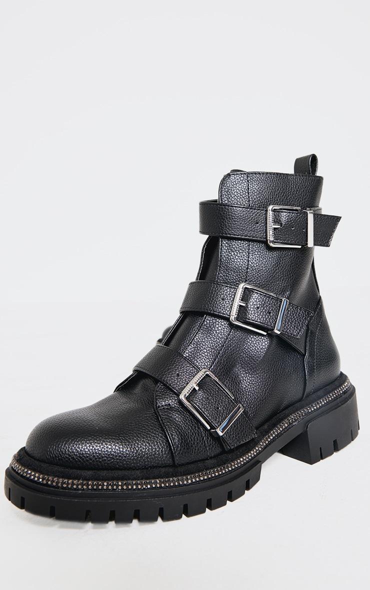 Black Pu Round Toe Buckle Diamante Trim Chunky Ankle Boots Product Image