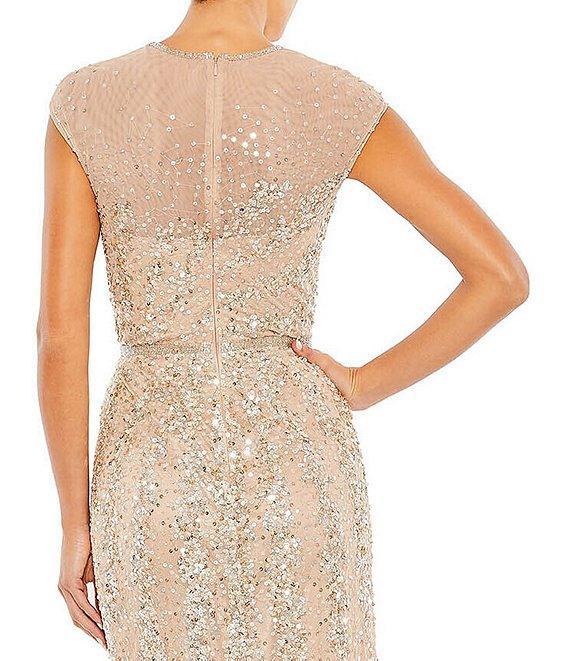 Mac Duggal Embellished Sequin Illusion High Neck Cap Sleeve Thigh High Slit Gown Product Image