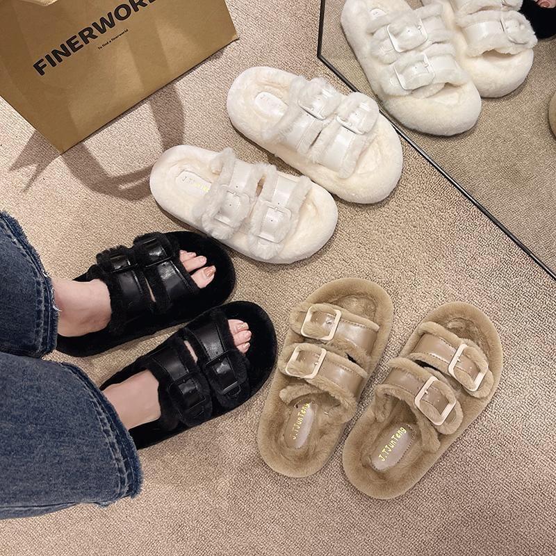 Fleece Buckled Platform Slide Sandals Product Image