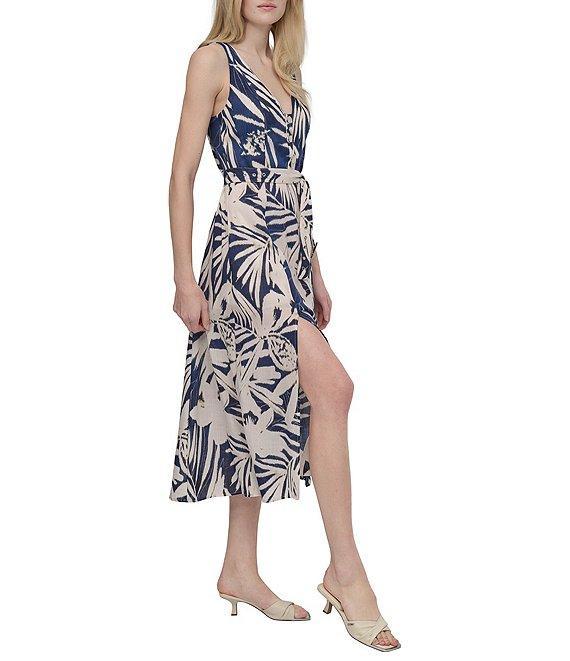 DKNY by Donna Karan Floral Print V-Neck A-Line Midi Dress Product Image