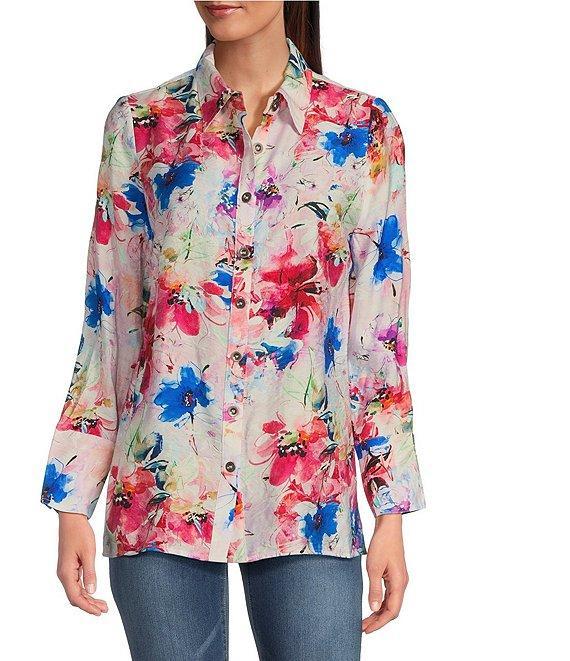 Calessa Petite Size Textured Crinkle Antique Abstract Print Point Collar Long Sleeve Button Front Blouse Product Image