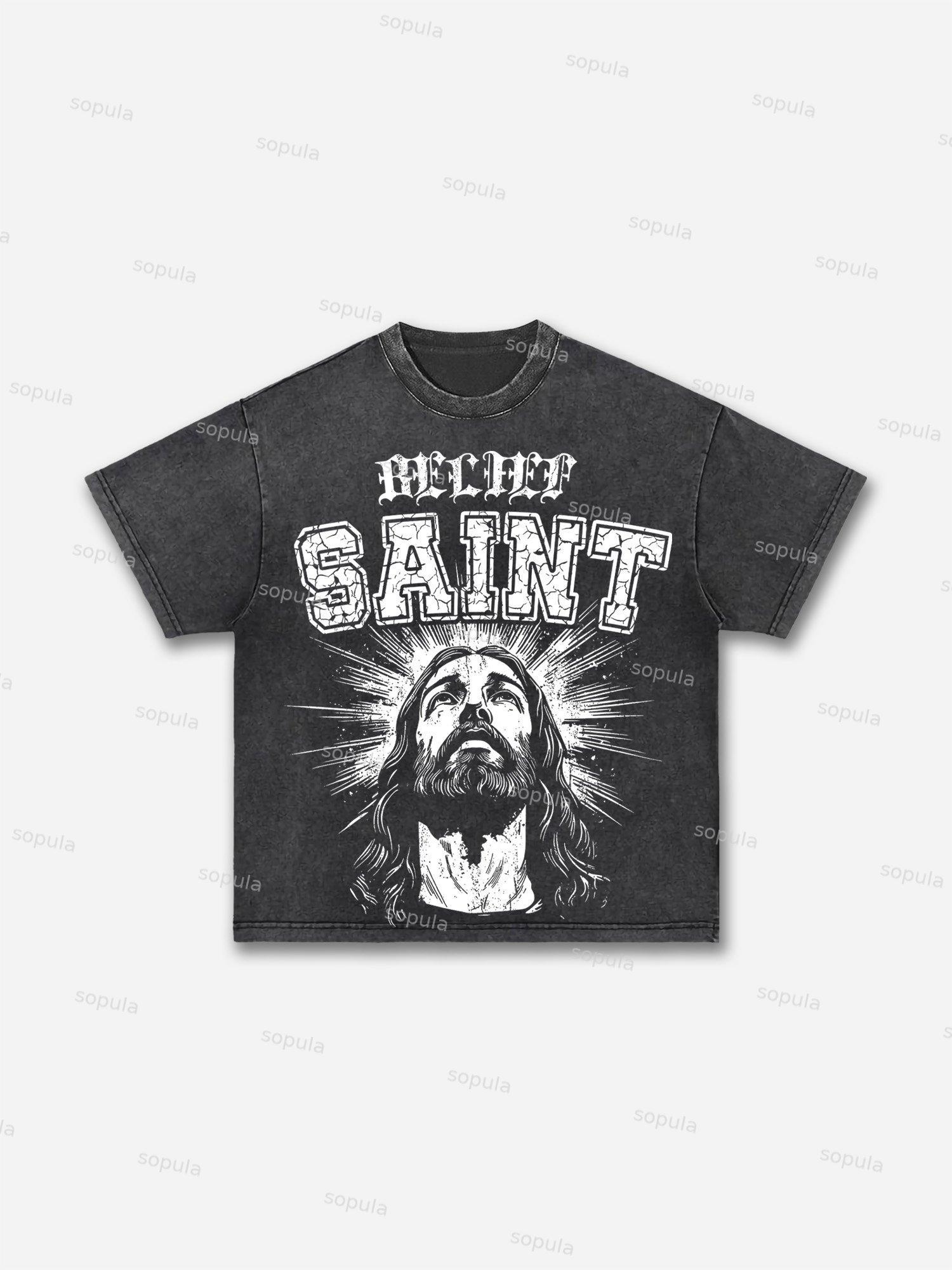 God Graphic Belief Saint Print Acid Wash T-shirt Product Image