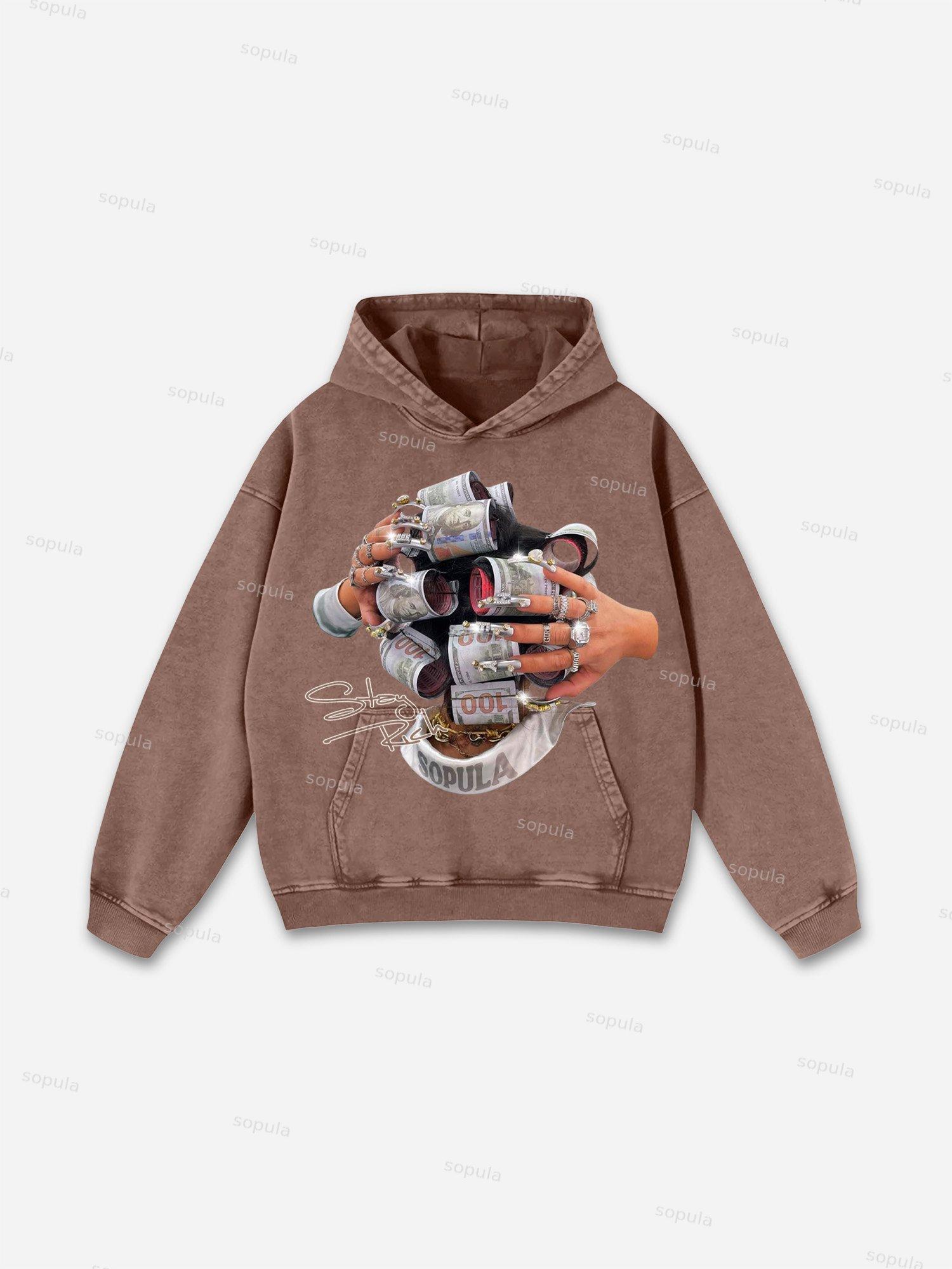 Stay Rich In Street Culture Portrait Graphic Acid Wash Hoodie Product Image