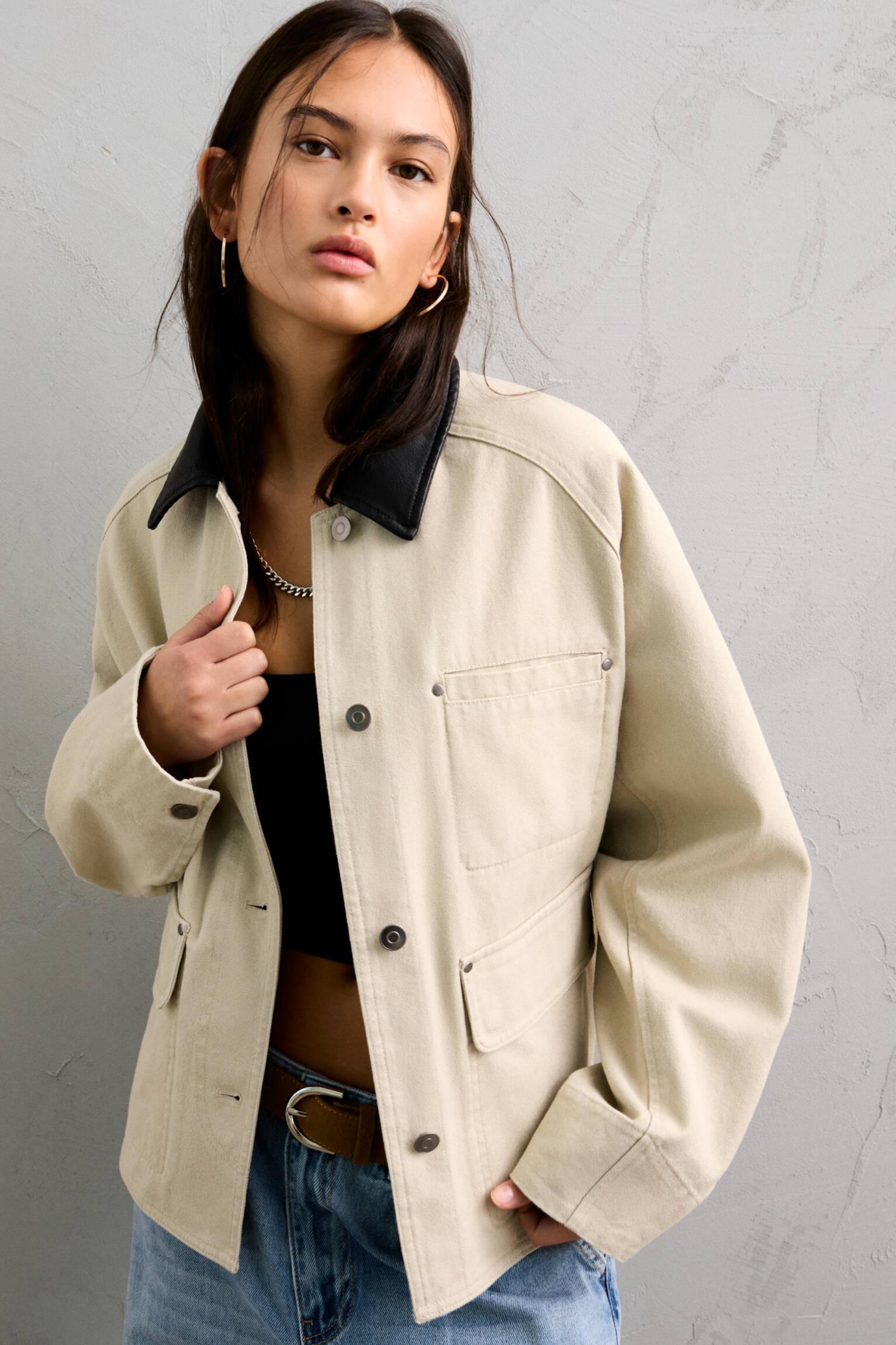 Worker jacket with faux leather collar Product Image