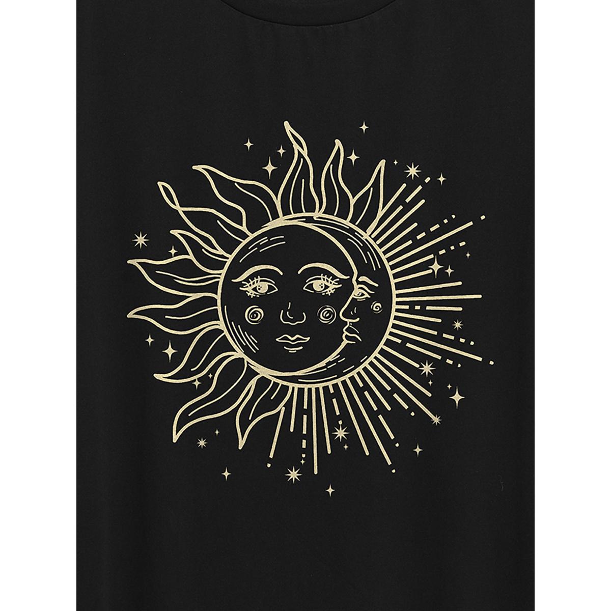 Plus Size Sun and Moon Printed Round Neck T-Shirt Black Women Non Art&design Round Neck Casual T-shirts BloomChic 10/M Product Image