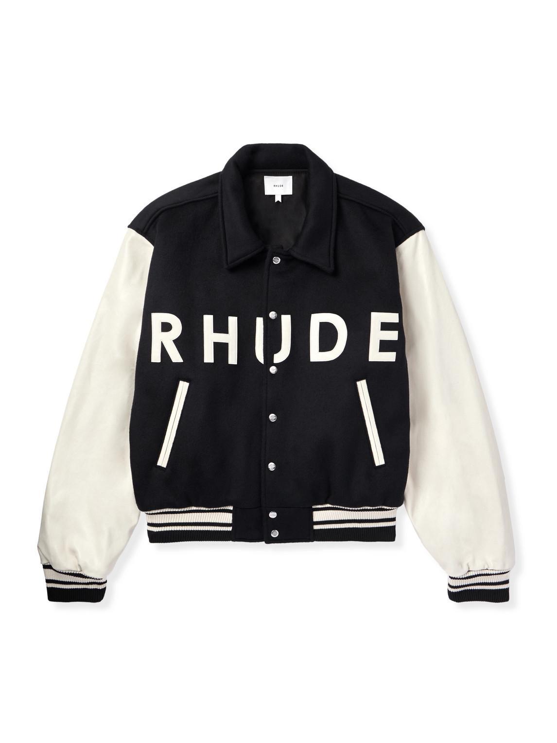 RHUDE Collegiate Logo-appliquéd Wool And Leather Bomber Jacket In Black Product Image