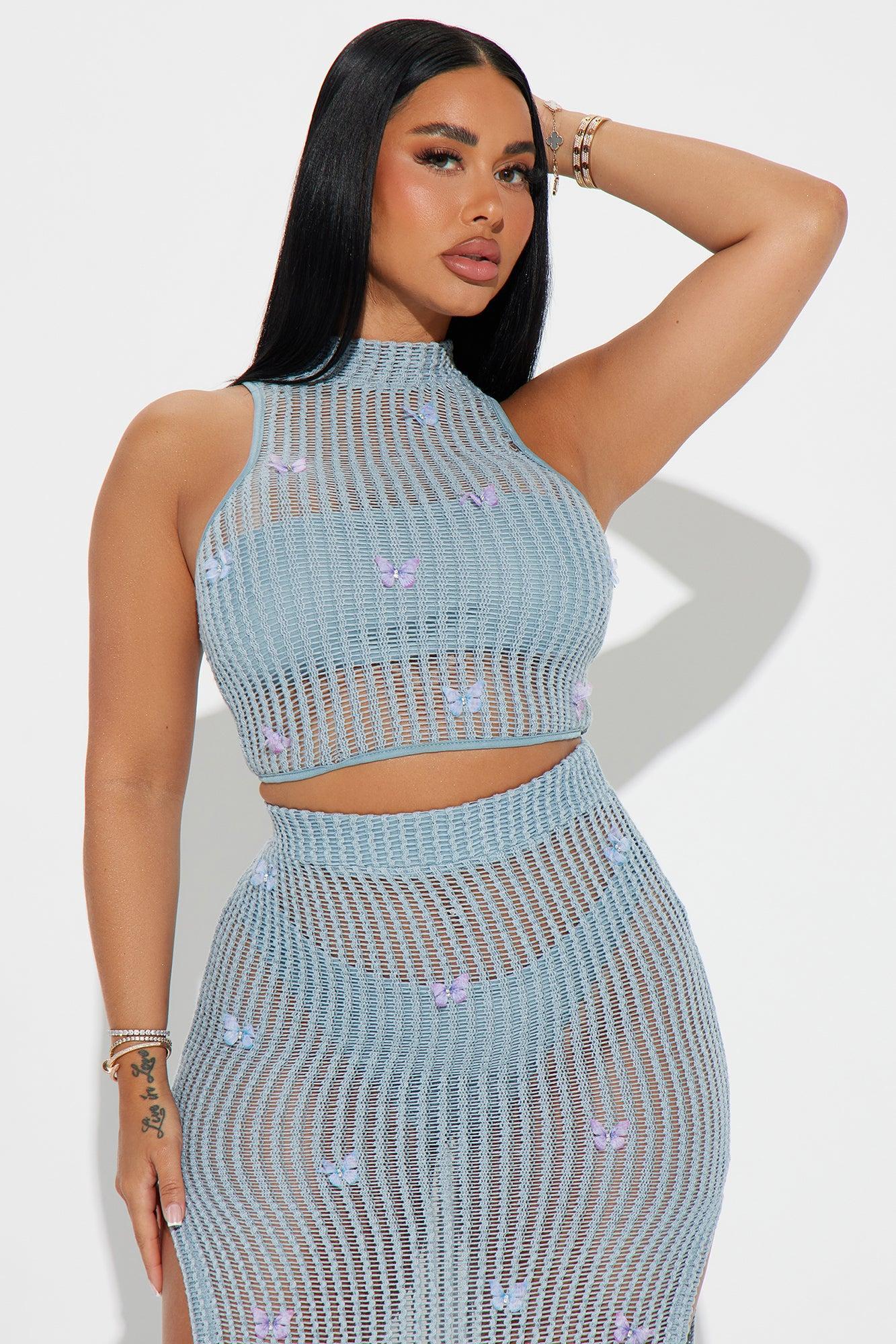 Butterfly Paradise Crochet Skirt Set - Light Blue Product Image