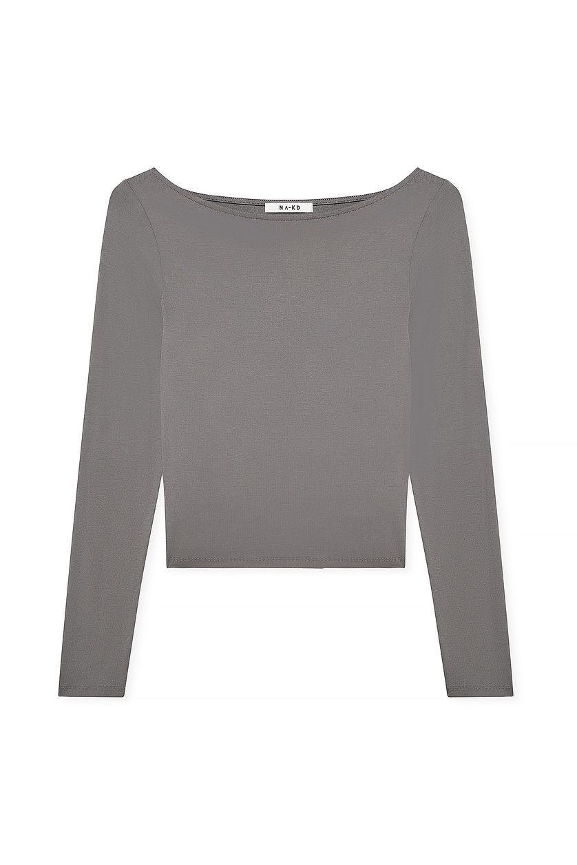 Boat Neck Long Sleeve Top Grey Product Image