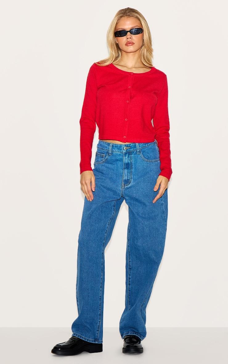 Red  Fine Knit Button Up Cardigan Product Image