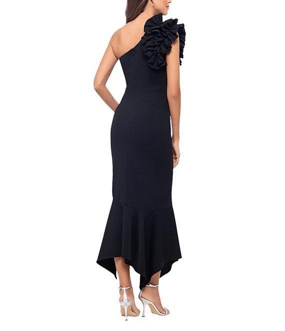 Xscape 3D Ruffle Shoulder Ruffle Front Asymmetrical Hem Scuba Crepe Midi Dress Product Image