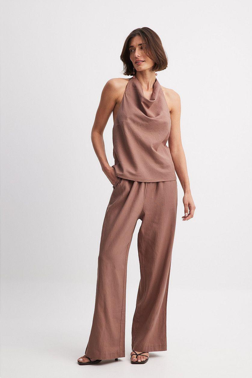 Elastic Mid Waist Linen Blend Pants Product Image