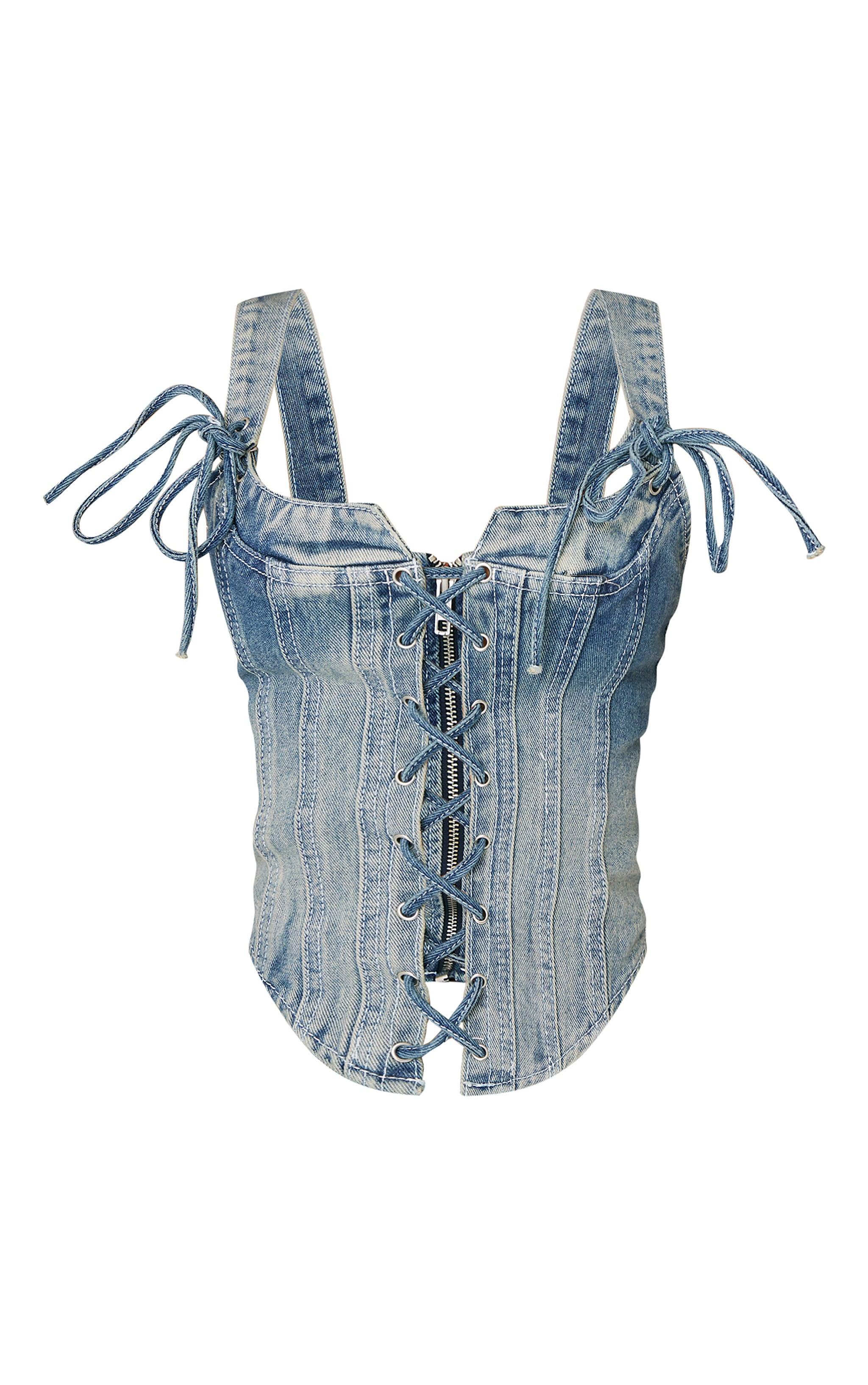 Petite Vintage Light Wash Denim Strappy Lace Up Corset Product Image