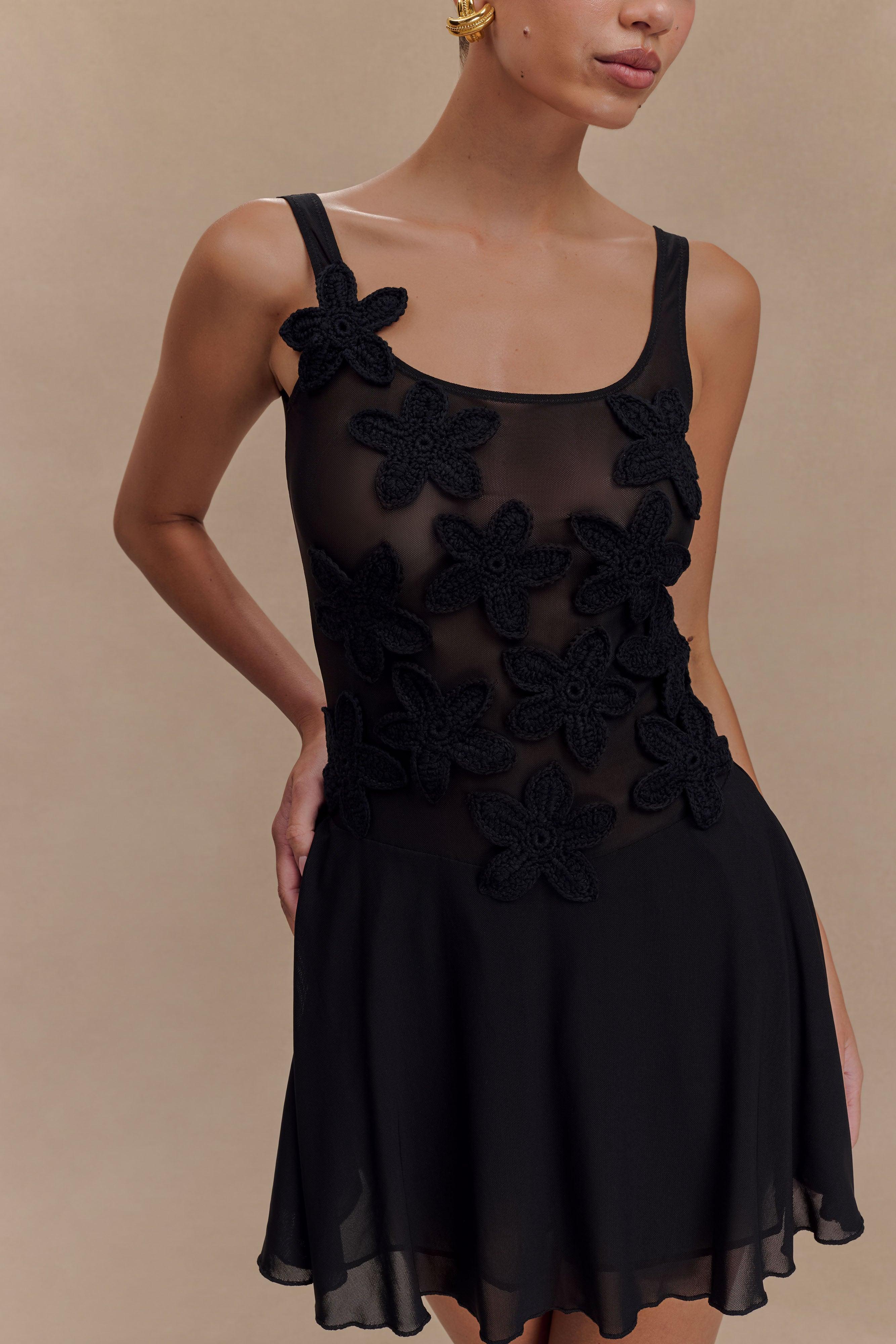 Melanie Mesh Mini Dress With Flowers - Black Product Image