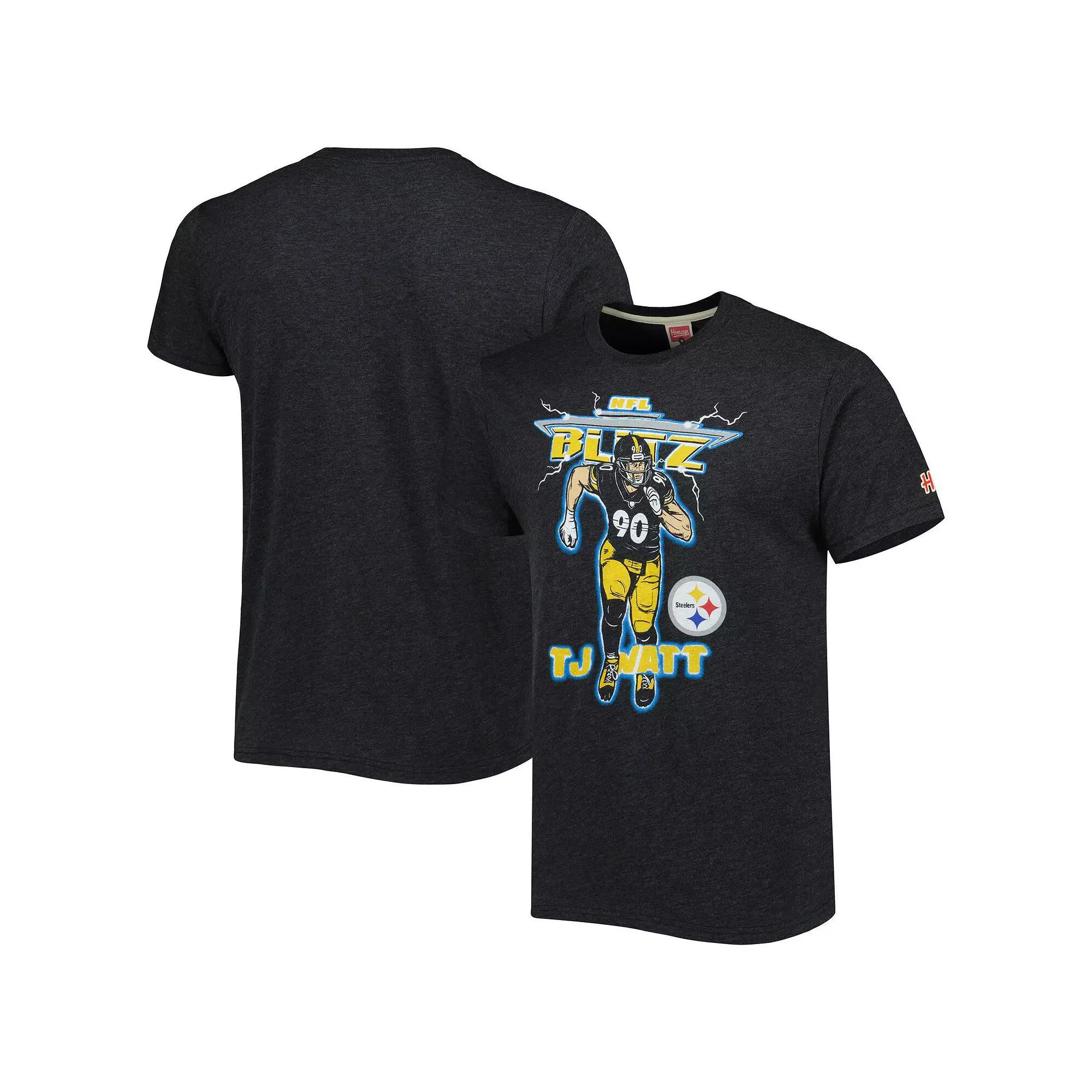 Men's Homage T.J. Watt Heathered Charcoal Pittsburgh Steelers NFL Blitz Player Tri-Blend T-Shirt,  Product Image
