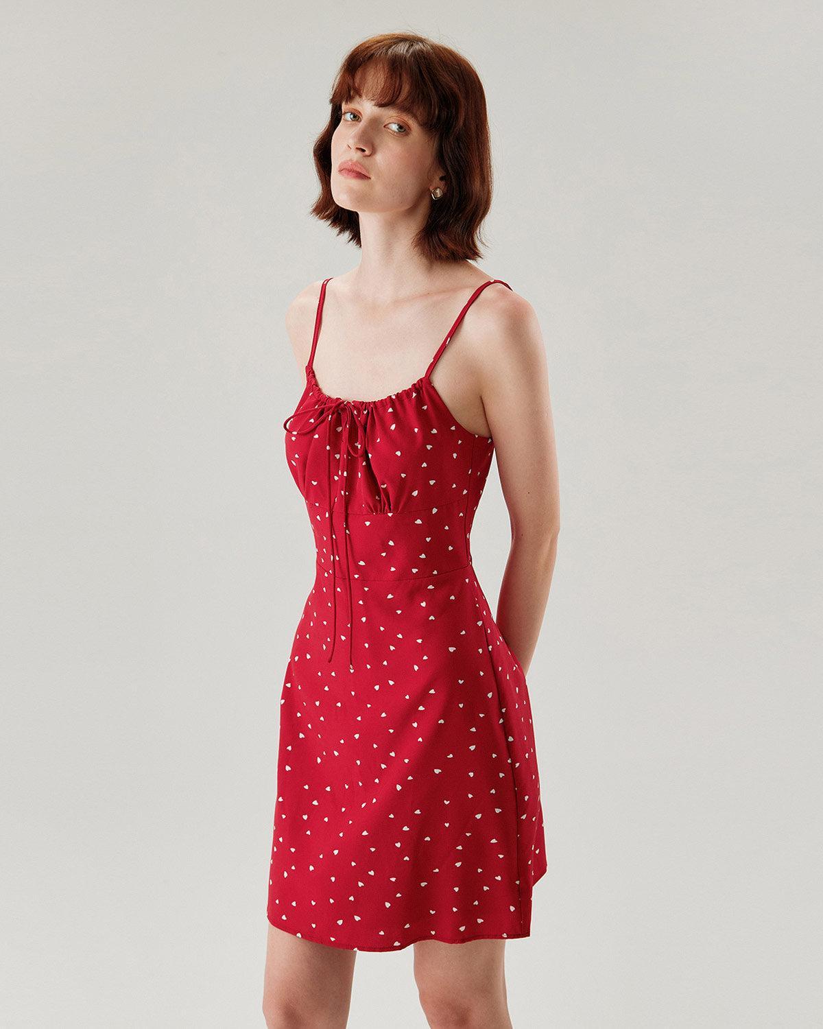 Red Heart Pattern Sweetheart Neck Slip Mini Dress Product Image