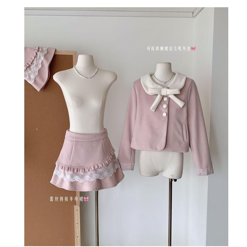 Set: Collared Bow Panel Lace Button Jacket + High Rise Frill Panel Mini A-Line Skirt Product Image