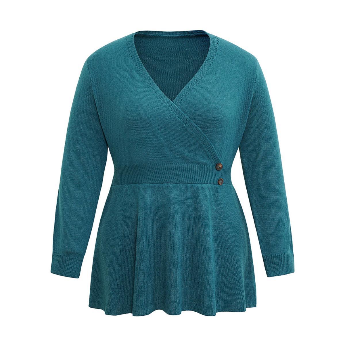 Plus Size Plain V Neck Button Detail Knit Pullover Teal Women Casual Loose Long Sleeve V-neck Dailywear Pullovers BloomChic 30/6X Product Image