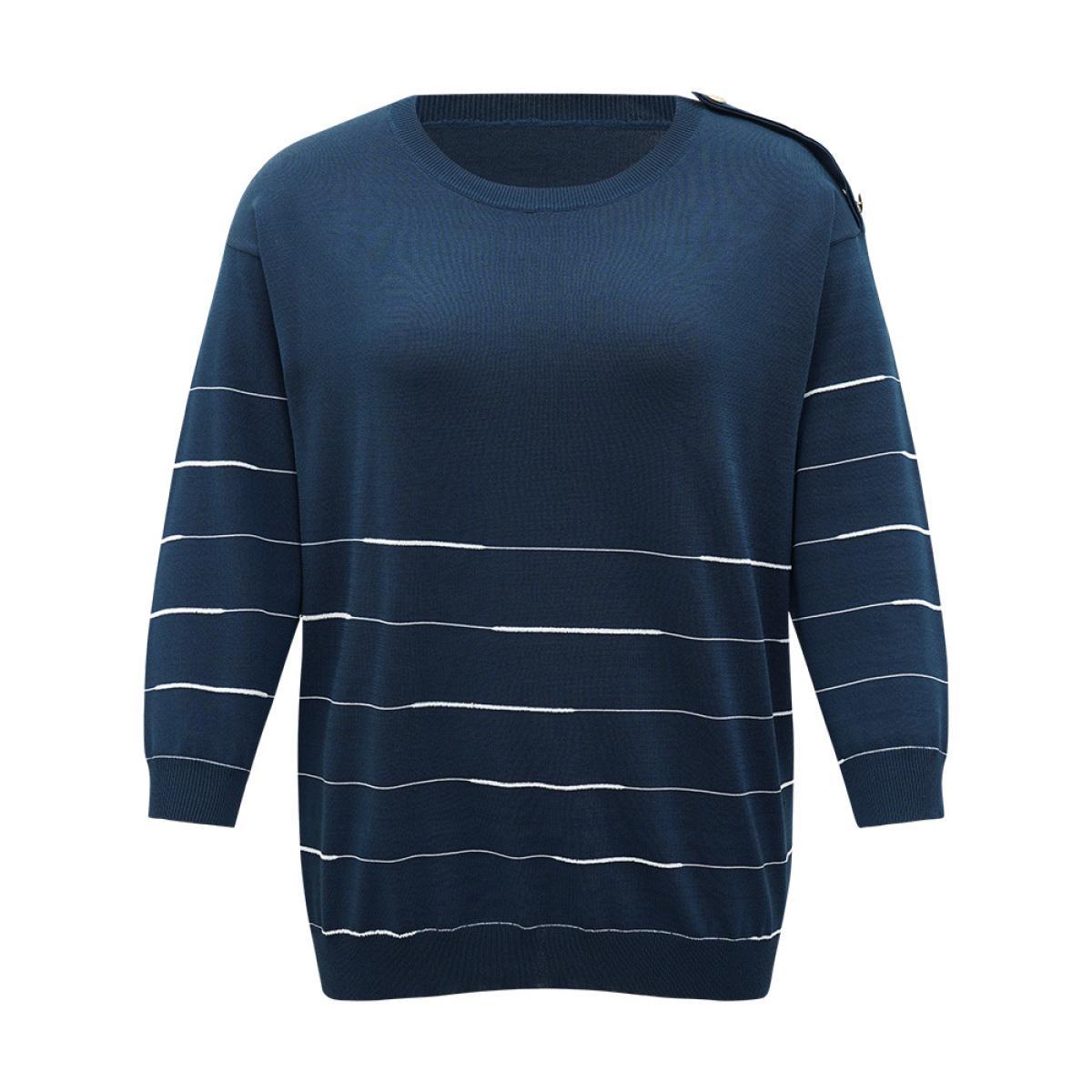 Plus Size Striped Metal Button Detail Elastic Cuffs Pullover Navy Women Casual Loose Long Sleeve Round Neck Everyday Pullovers BloomChic 12/L Product Image
